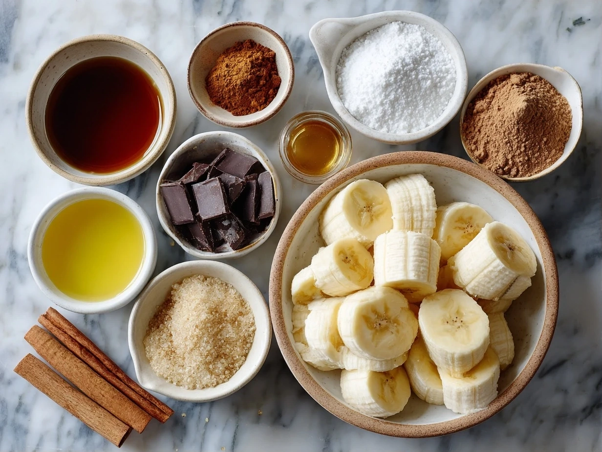 Top-down view of raw ingredients for caramelized baked banana slices on marble surface
