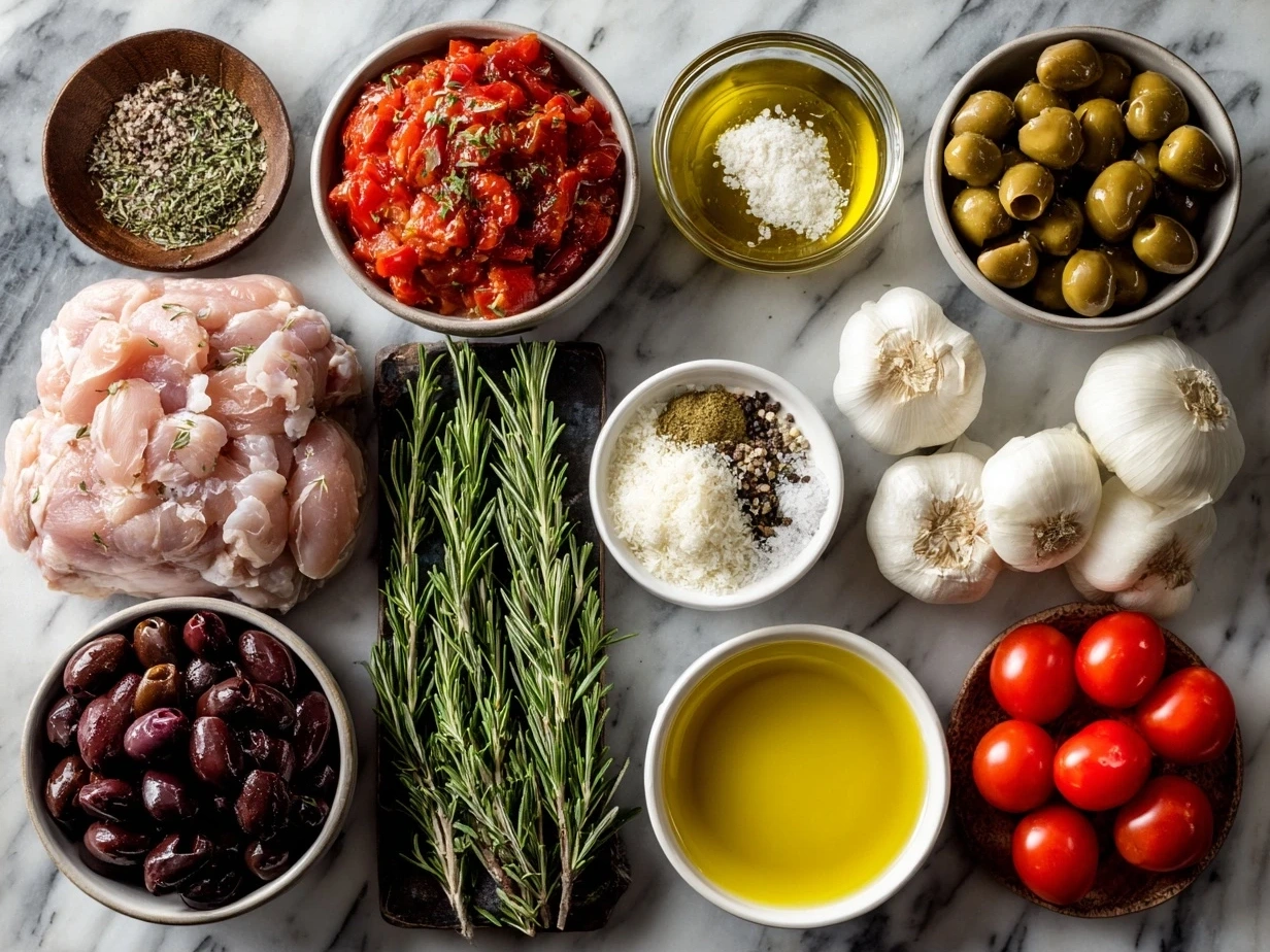 Top down view of raw ingredients for Chicken Cacciatore including chicken thighs, bell peppers, onions, garlic, tomatoes, and herbs