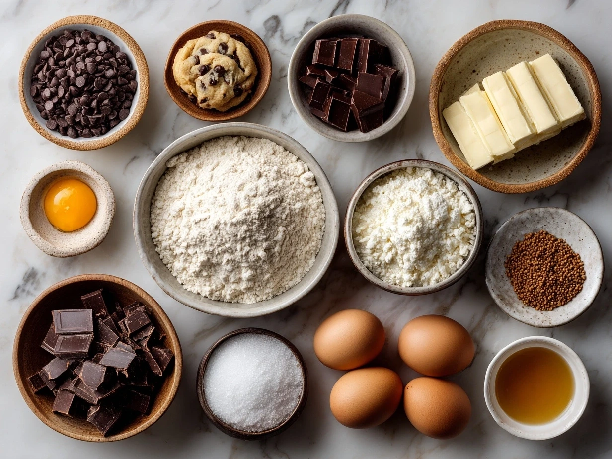 Top-down view of raw ingredients for chocolate chip cookies including flour, butter, sugar, eggs, and chocolate chips