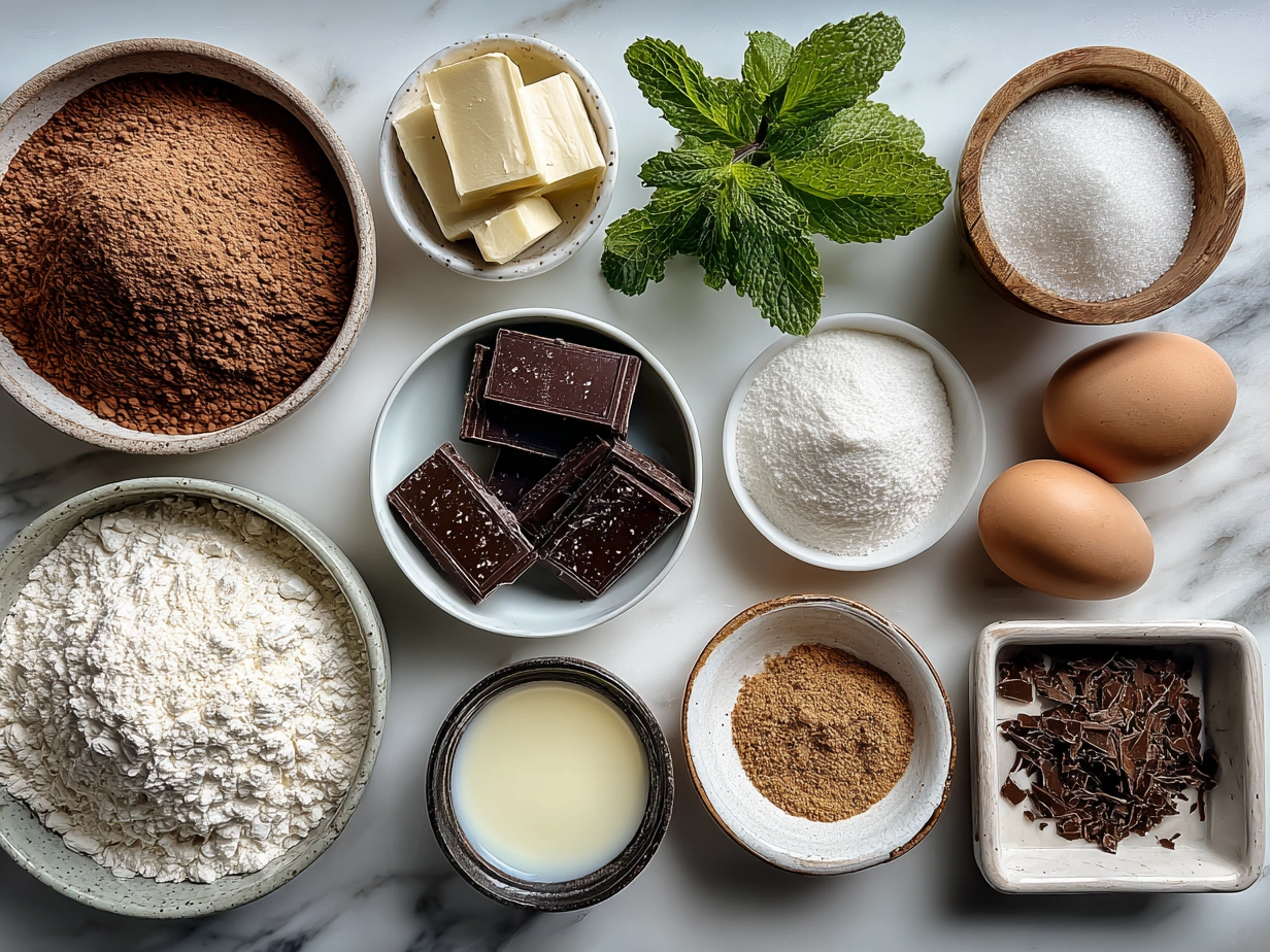 Raw ingredients for Chocolate Mint Crinkles on marble surface