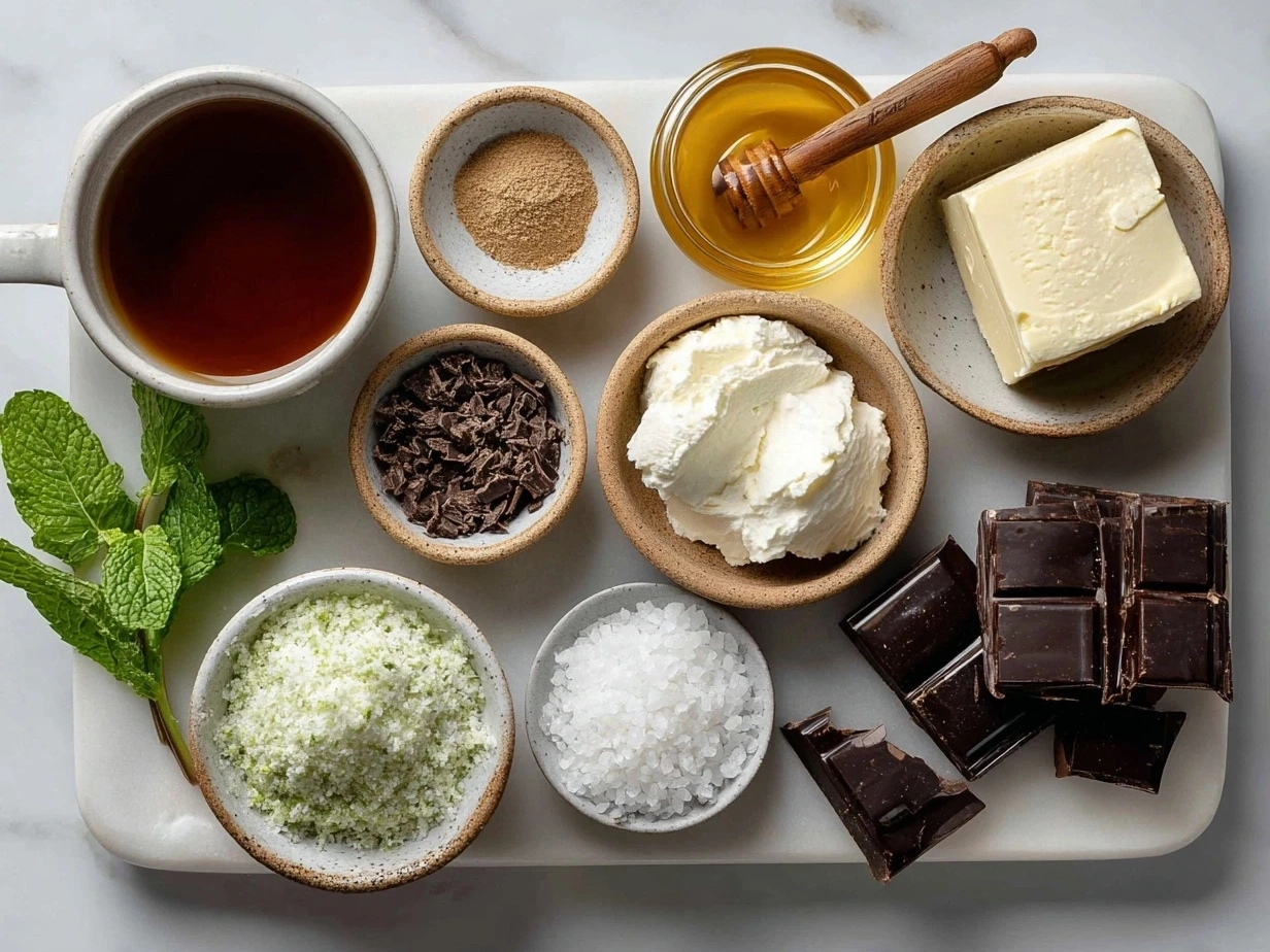 Raw ingredients for chocolate mint pie laid out on a marble countertop