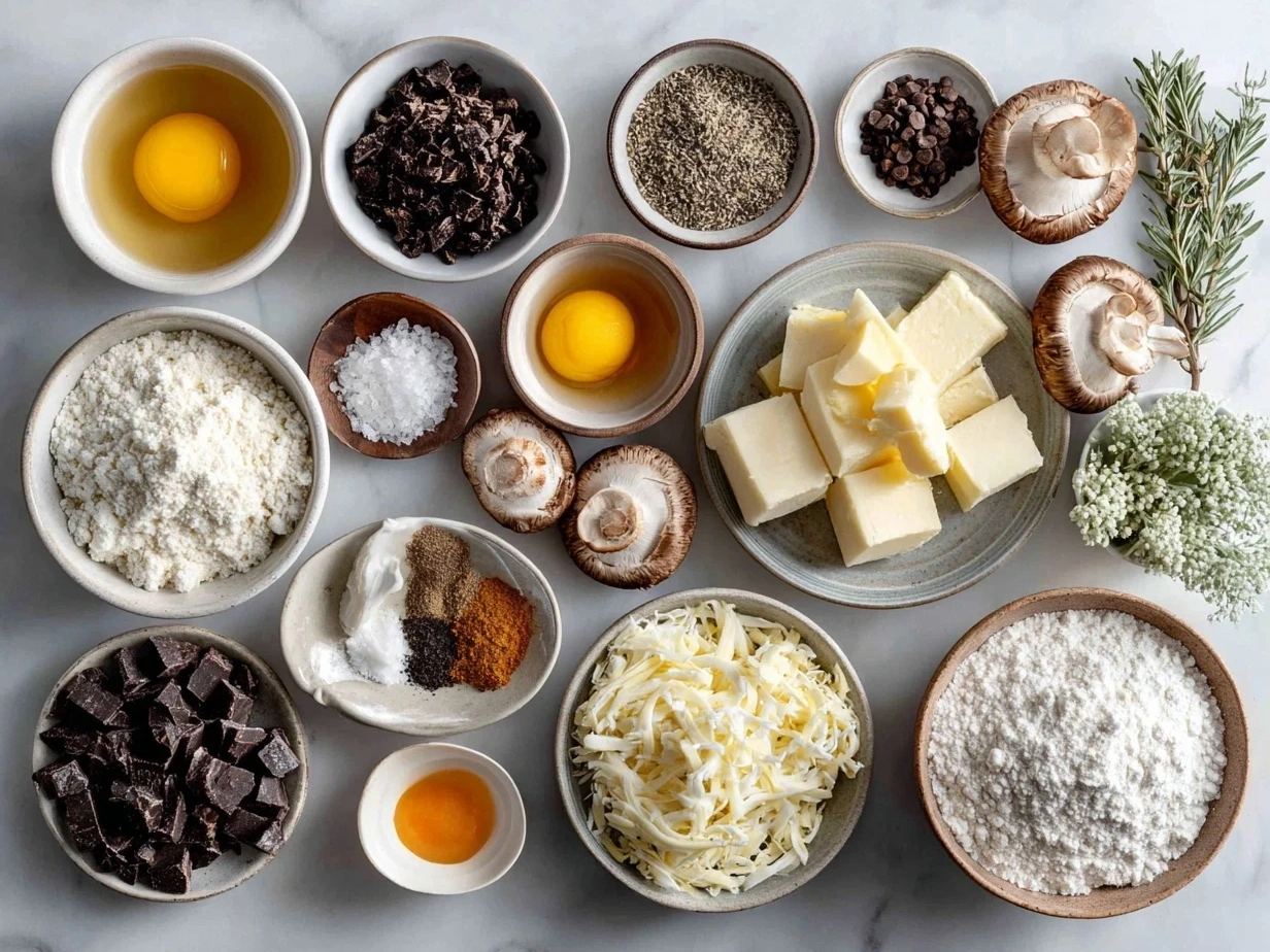 Top down view of raw ingredients for Christmas Morning Quiche including pie crust, eggs, cheese, bacon, spinach, and onions