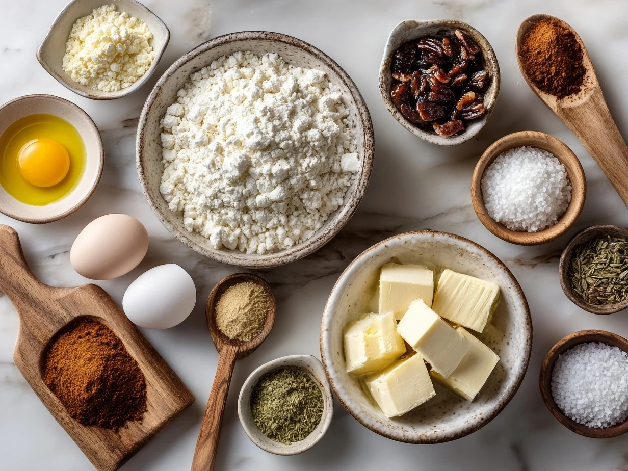 Top-down view of raw ingredients for cream cheese sausage balls on white marble surface