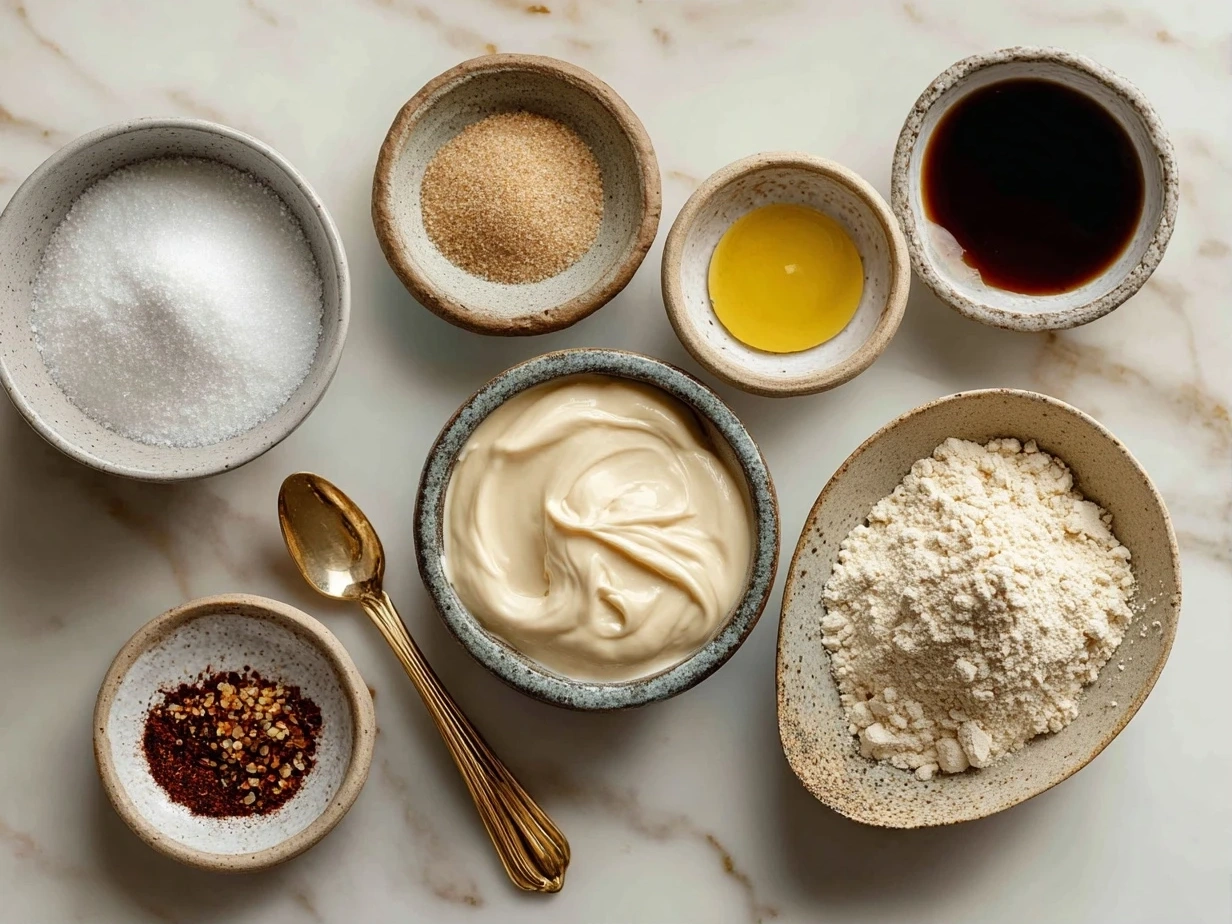 Ingredients for Creamy Horseradish Sauce including sour cream, horseradish, mayonnaise, Dijon mustard, vinegar, sugar, salt and pepper