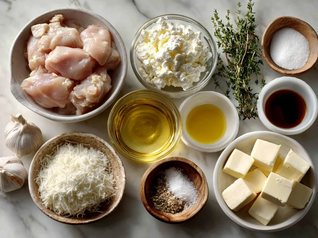 Top down view of raw ingredients for Creamy Tuscan Chicken on white marble
