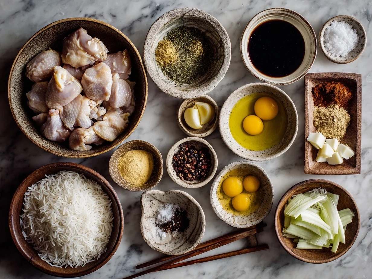 Top down view of raw ingredients for Filipino Chicken Adobo on marble surface