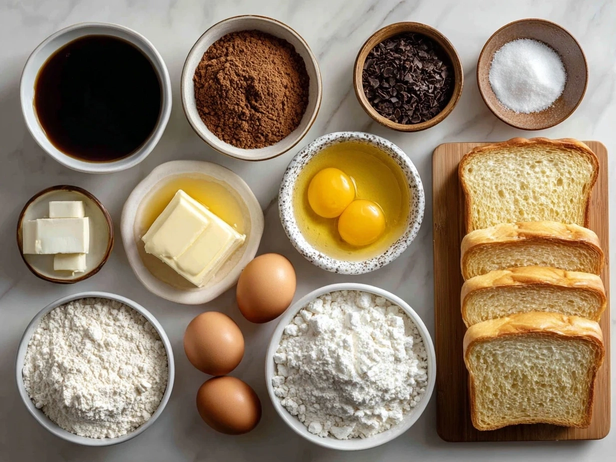 Top-down view of raw ingredients for French Toast Bake recipe including bread cubes, eggs, milk, spices, and brown sugar