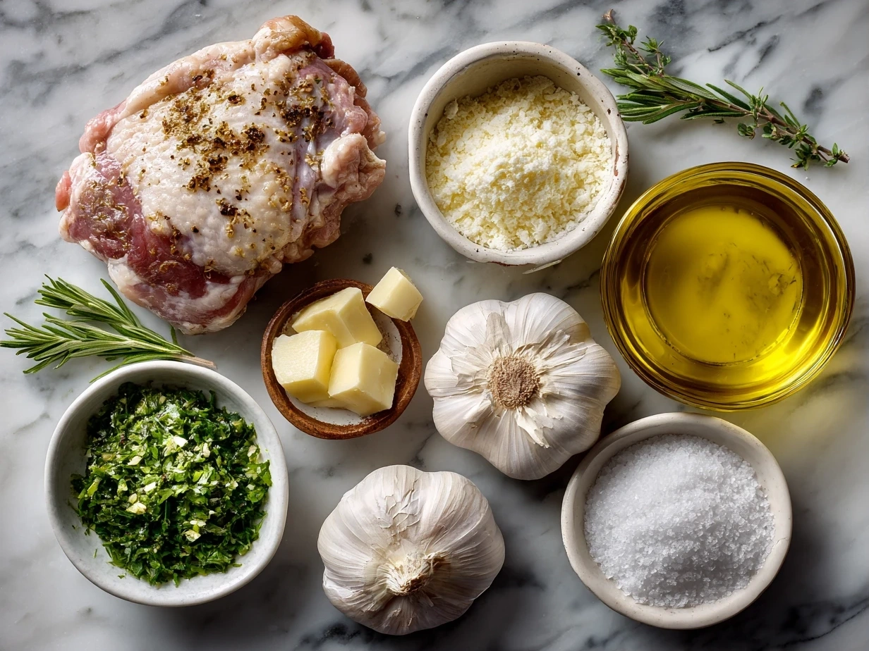 Top down view of raw ingredients for Garlic Butter Chicken Thigh Skillet including chicken thighs, garlic, butter, and spices