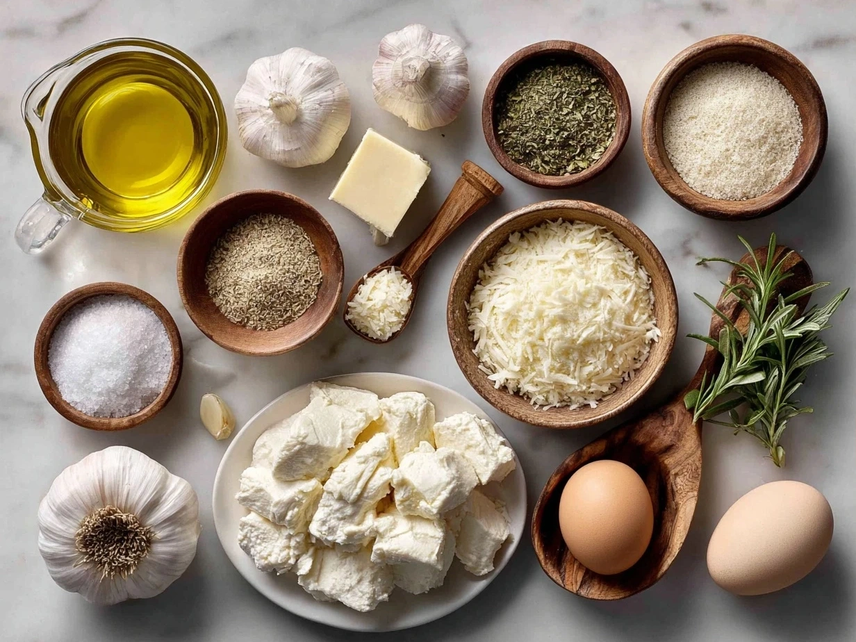 Ingredients for Garlic Parmesan Chicken Recipe arranged in bowls and plates