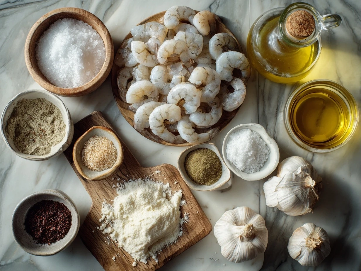 Top down view of raw ingredients including shrimp, garlic, butter, parsley, lemon, and spices for Garlic Shrimp Bowl