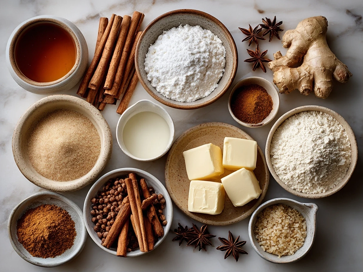 Raw ingredients for Ginger-Spiced Apple Holiday Bake including apples, brown sugar, oats, butter, and spices