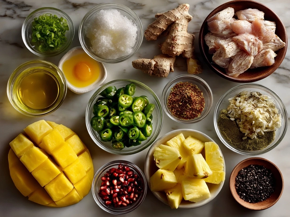 Top-down view of raw ingredients for Grilled Mango Pineapple Chicken arranged on marble counter