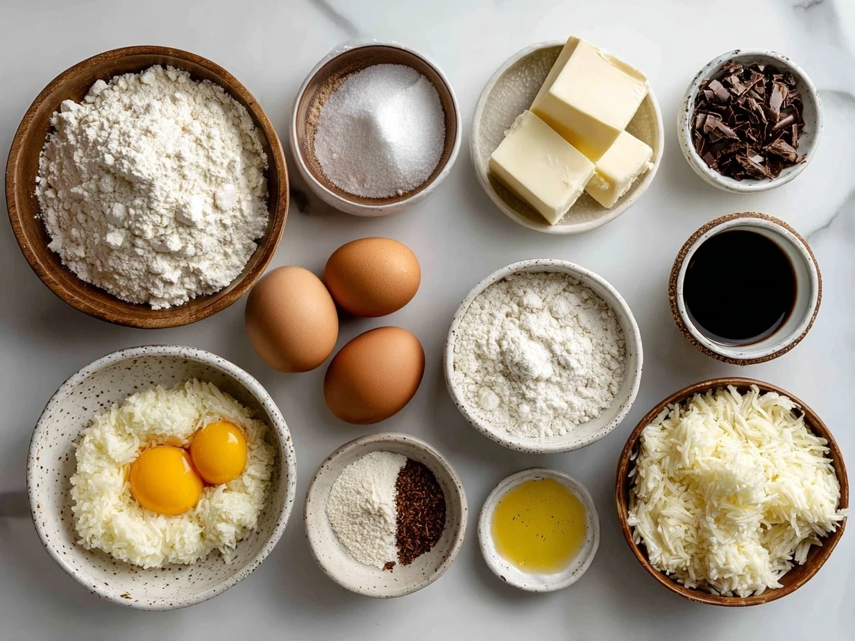 Top-down view of raw ingredients for Hashbrown Breakfast Casserole including hashbrowns, cheese, sausage, eggs, milk, onion, and spices
