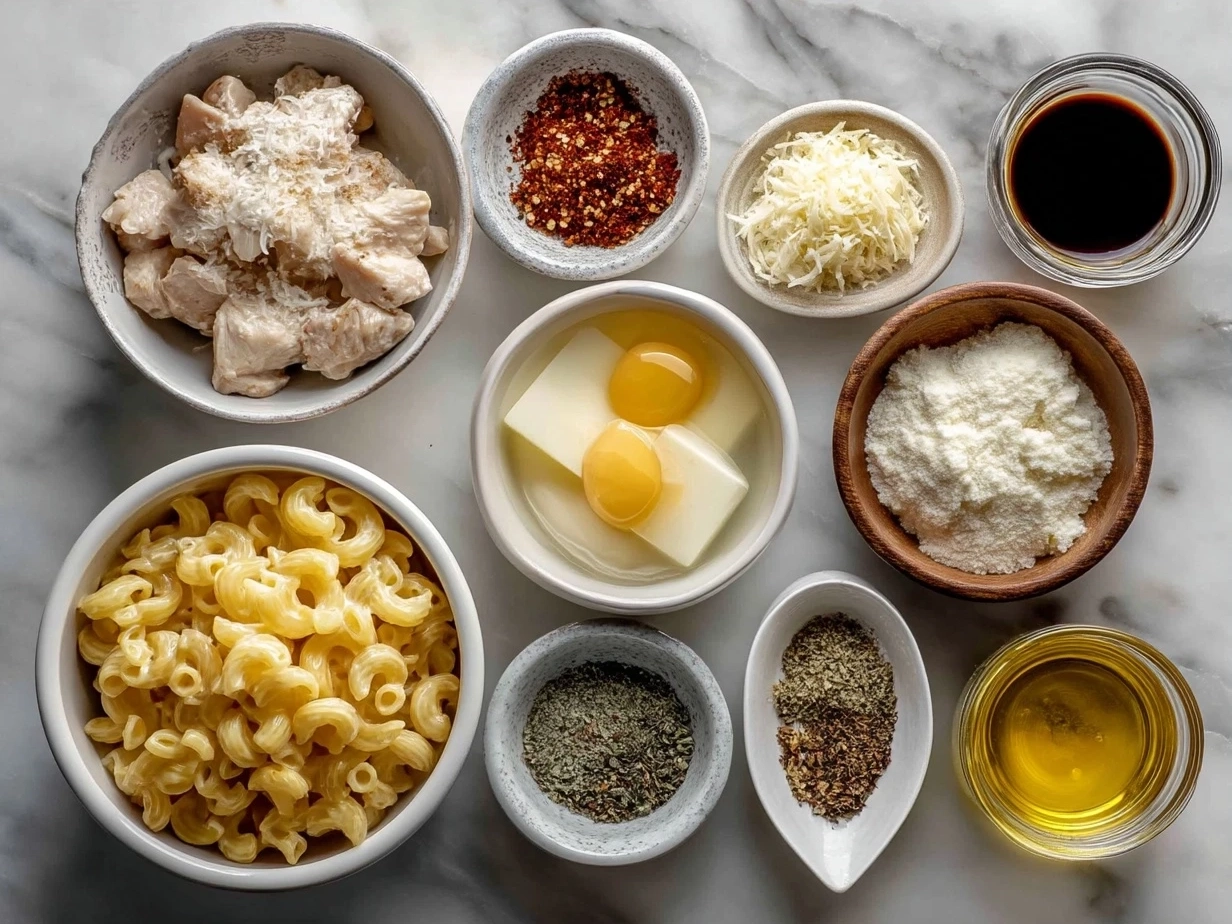 Raw ingredients for Honey Pepper Chicken Mac and Cheese arranged on marble surface