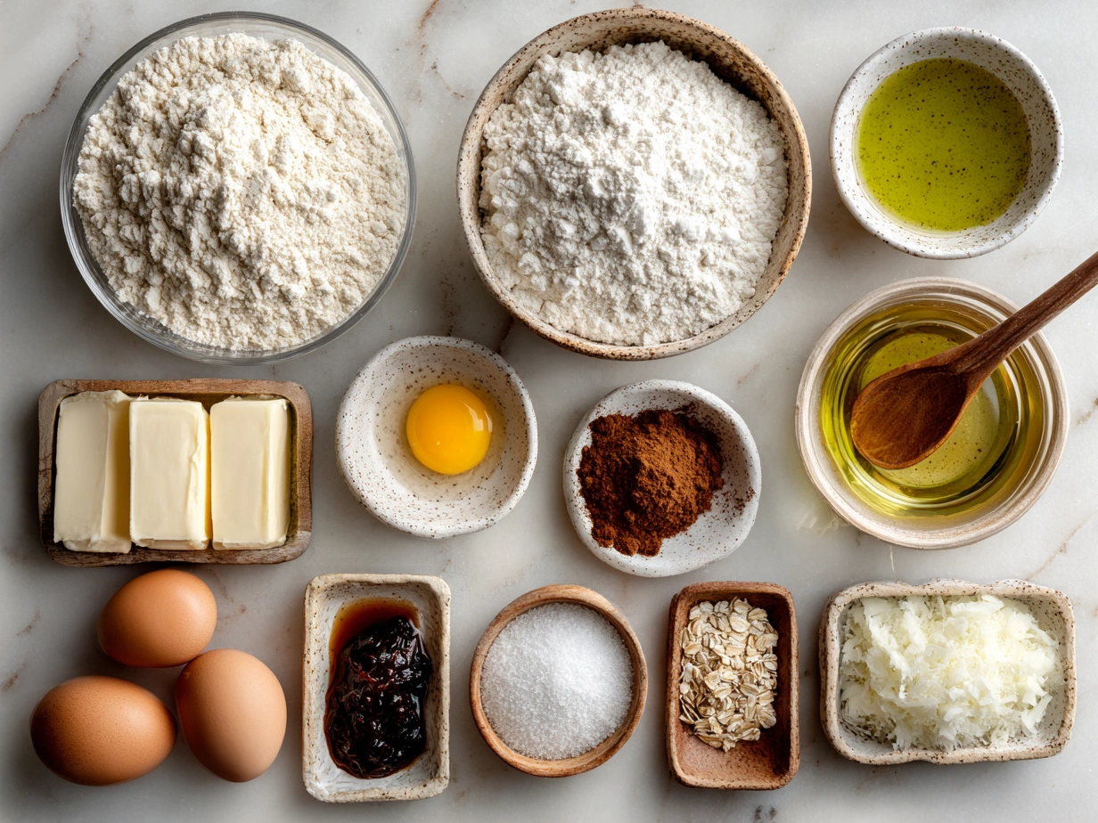 Top down view of raw ingredients for jam donut focaccia on marble surface