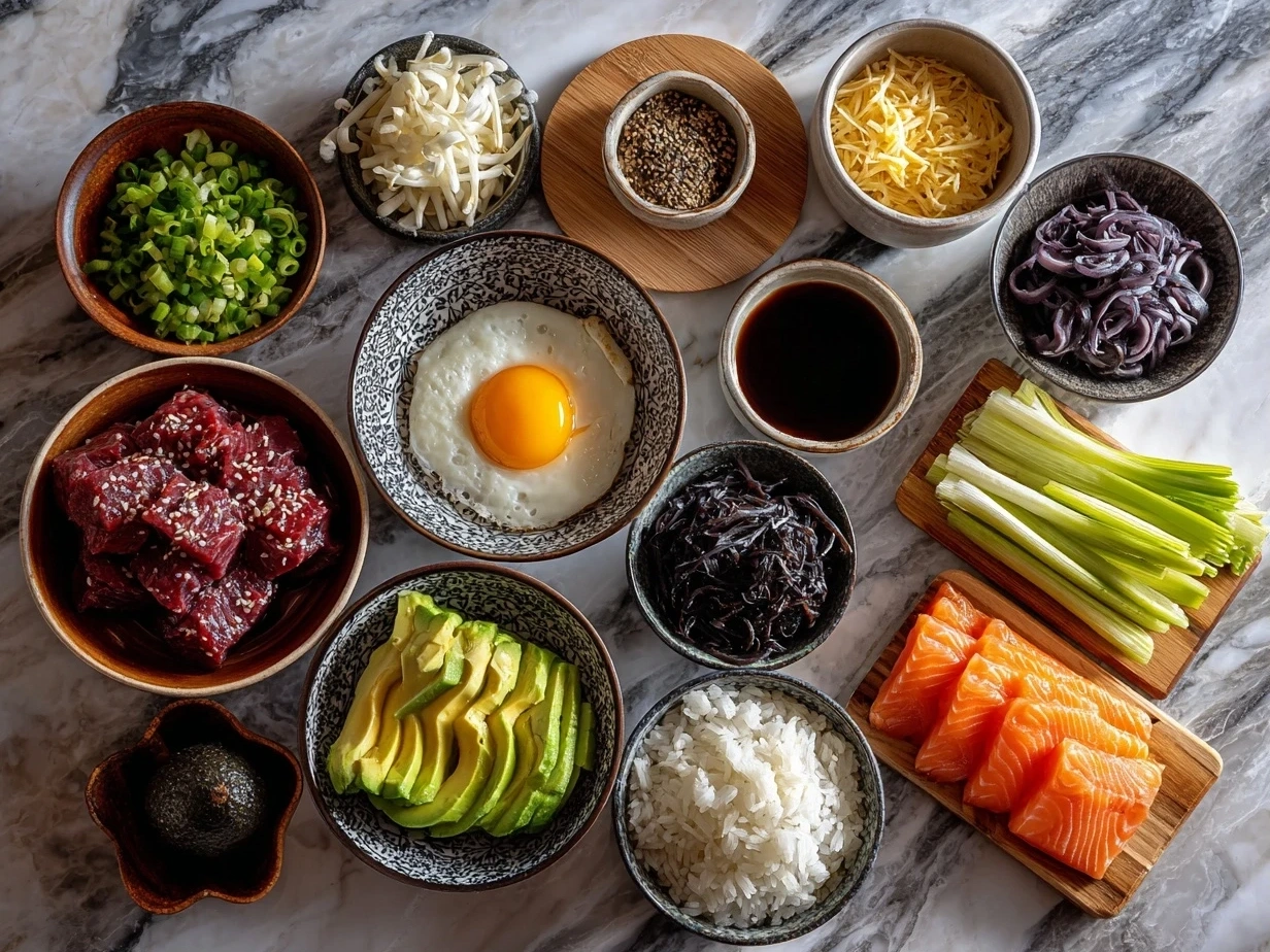 Top down view of raw ingredients for Japanese Katsu Bowls laid out on a surface