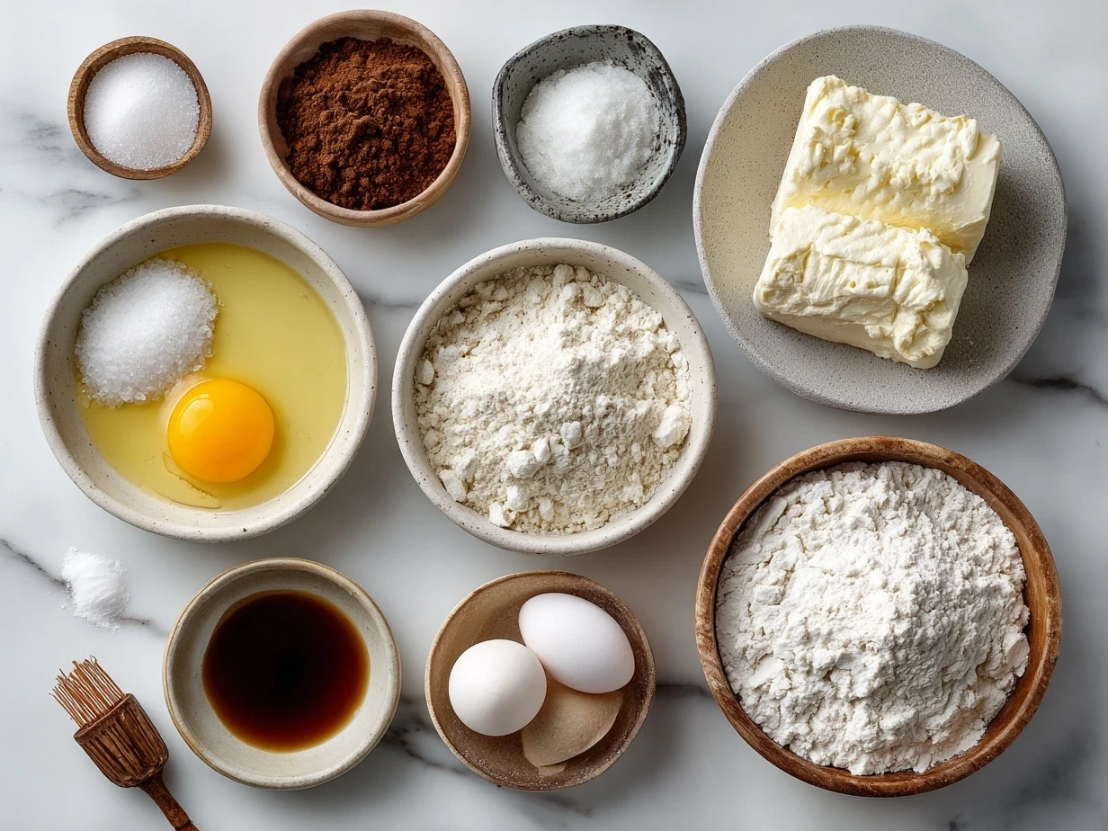 Top-down view of raw ingredients for Japanese Milk Bread Rolls including flour, milk, butter, sugar, egg, yeast, and salt
