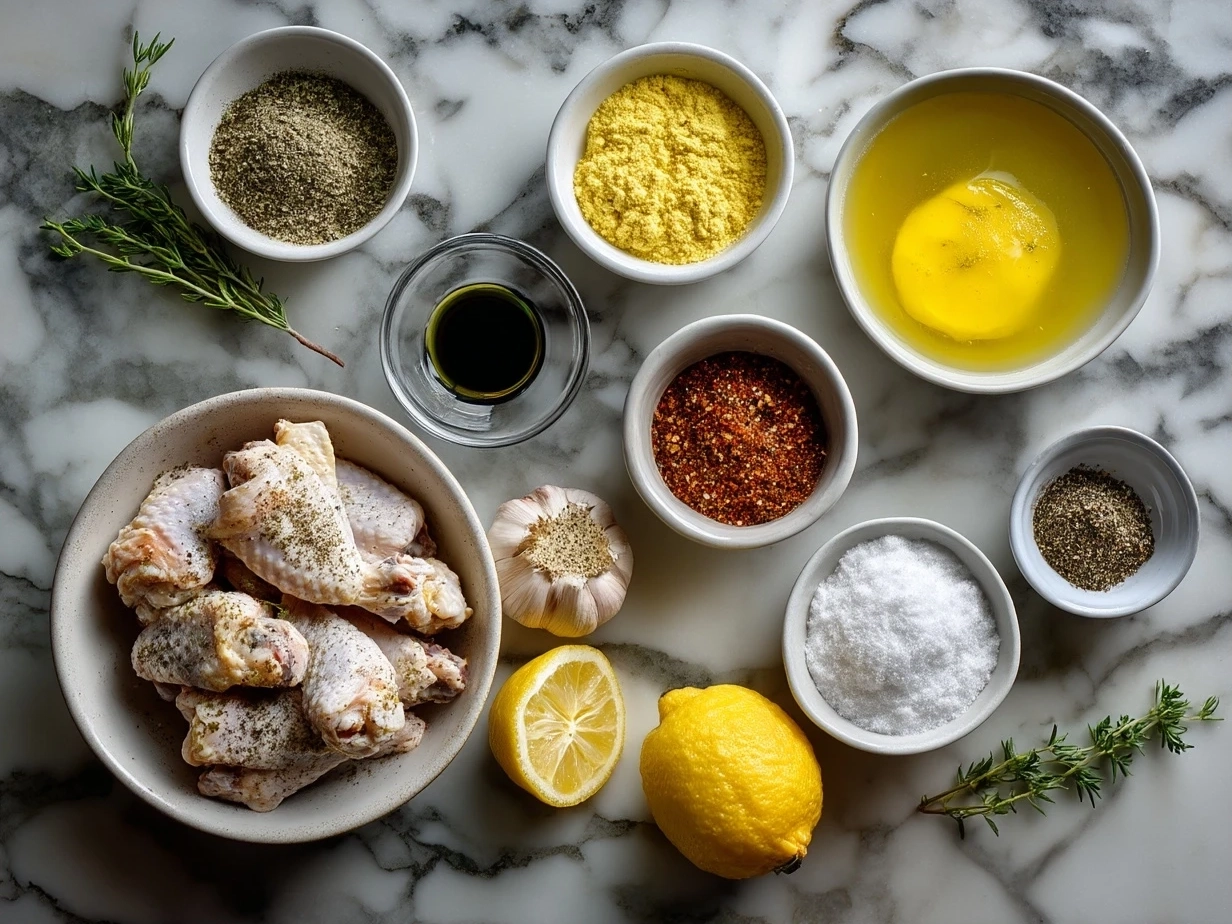 Top-down raw ingredients for lemon pepper wings on marble surface