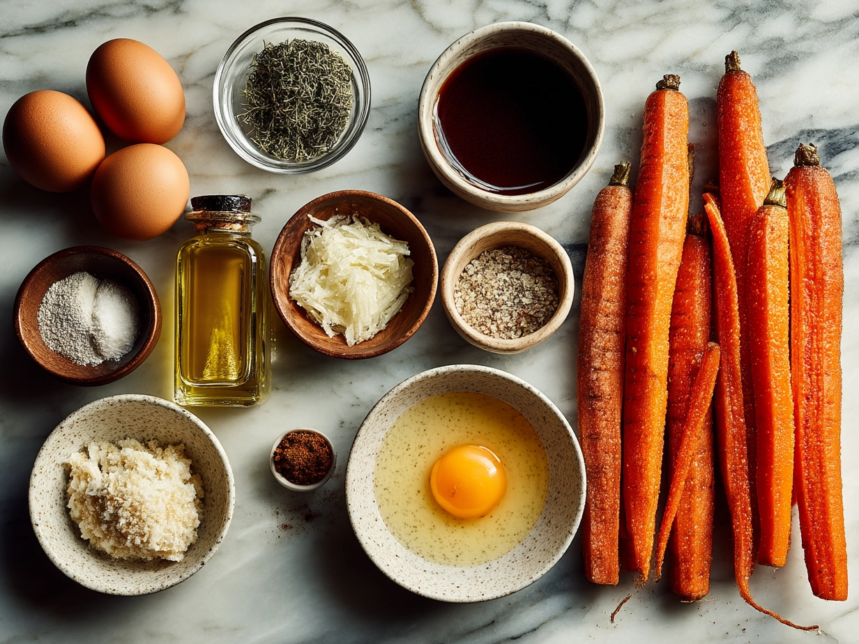 Top-down raw ingredients for Maple Carrot Fries arranged on marble surface