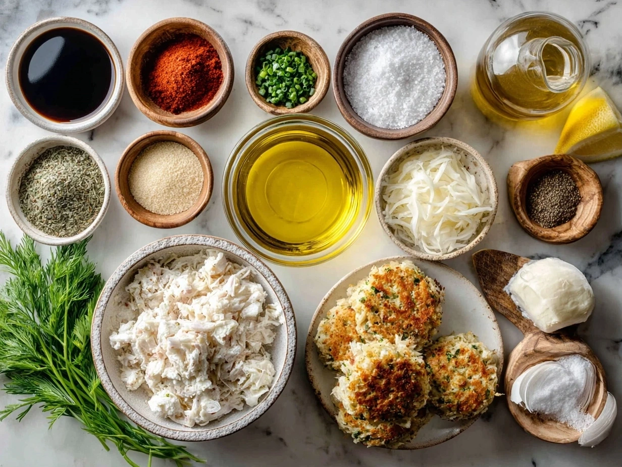 Top down view of raw ingredients for Maryland crab cakes, including fresh blue crab meat, egg, mayonnaise, old bay seasoning, mustard, Worcestershire sauce, cracker crumbs, parsley, salt, pepper, and vegetable oil