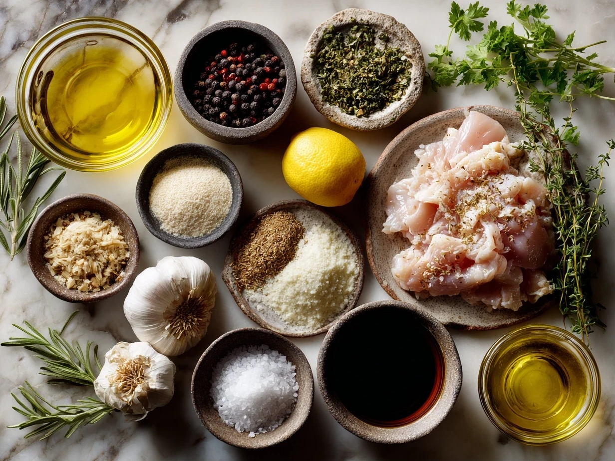 Fresh ingredients for Melt-In-Your-Mouth Chicken including chicken breasts, Greek yogurt, garlic, lemon, olive oil, and spices