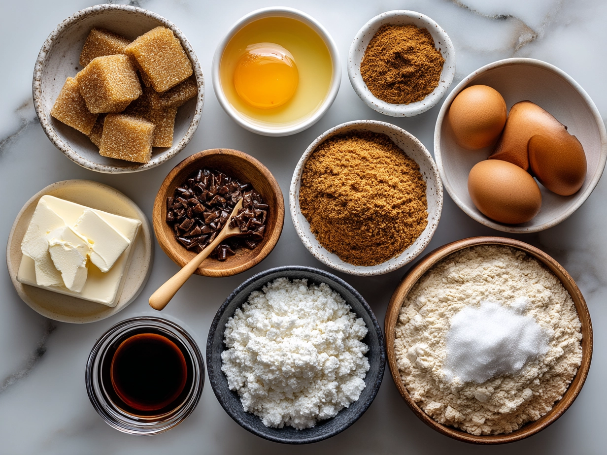 Top-down view of raw ingredients for molasses crinkle cookies on a marble surface with an organized mise en place