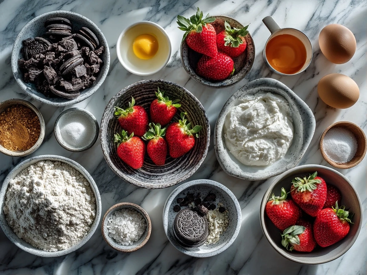 Ingredients for Oreo Truffle-Stuffed Strawberries laid out on marble surface