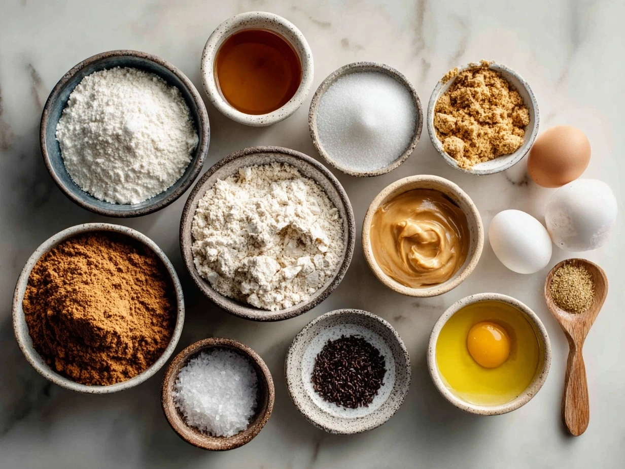 Top down view of raw ingredients for Peanut Butter Cookie Bites on marble