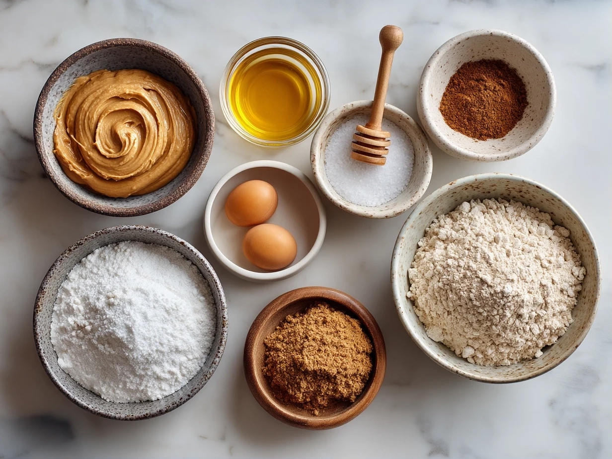 Top down view of raw ingredients for peanut butter cookies arranged on marble countertop showing peanut butter, eggs, sugar, baking soda and vanilla