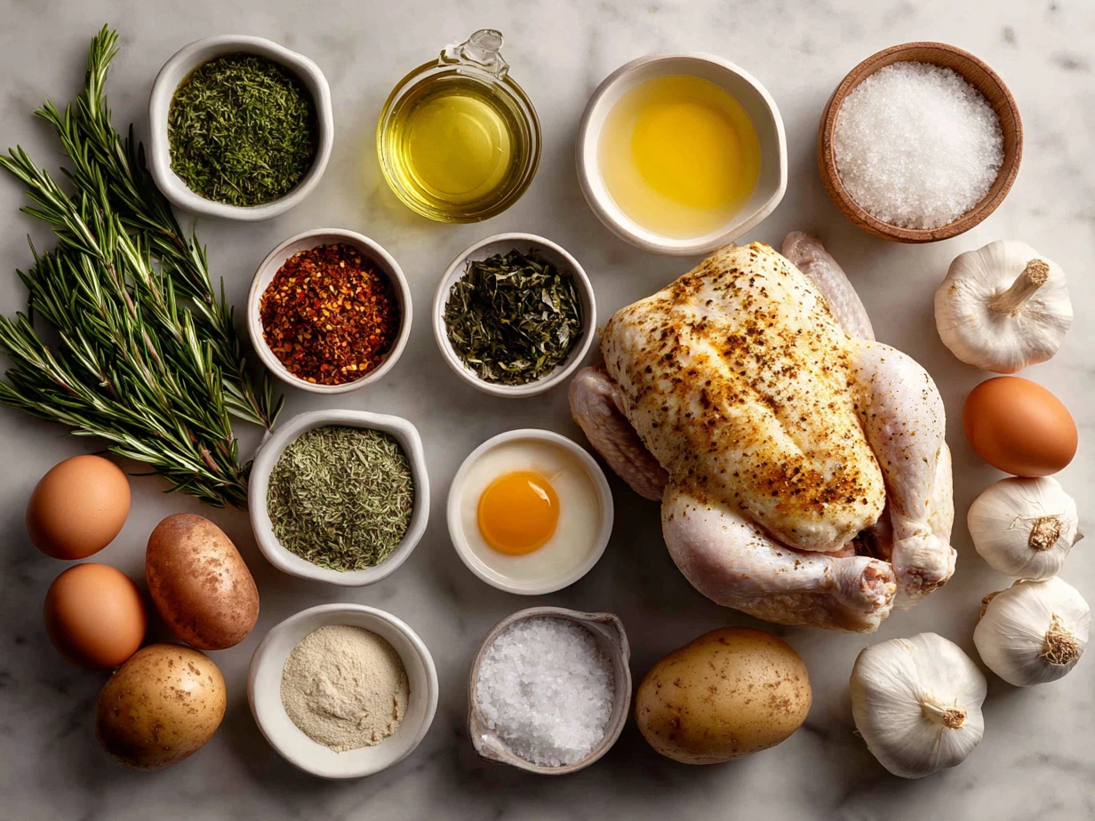 Raw ingredients for Peruvian-Style Roast Chicken arranged on marble surface
