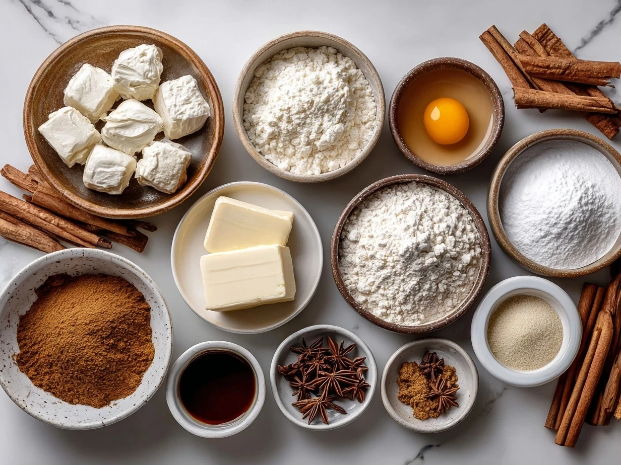 Top down view of raw ingredients for Pumpkin Spice French Toast Casserole including bread, pumpkin puree, eggs, spices, and milk