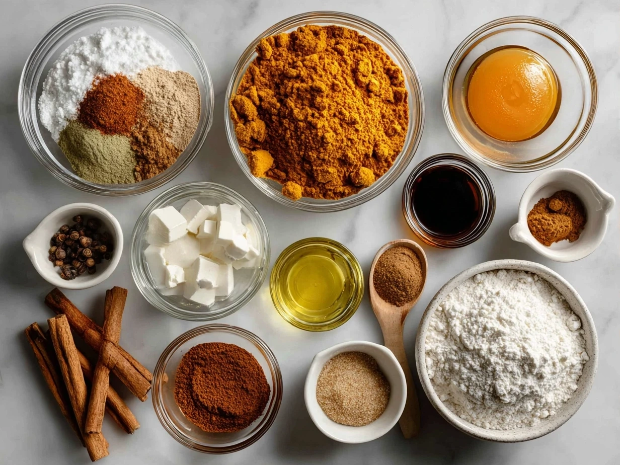 Top down view of raw ingredients for pumpkin spice pancakes on marble surface