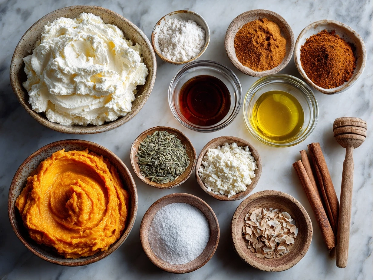 Top down view of raw ingredients for Pumpkin Whipped Feta Dip on marble surface
