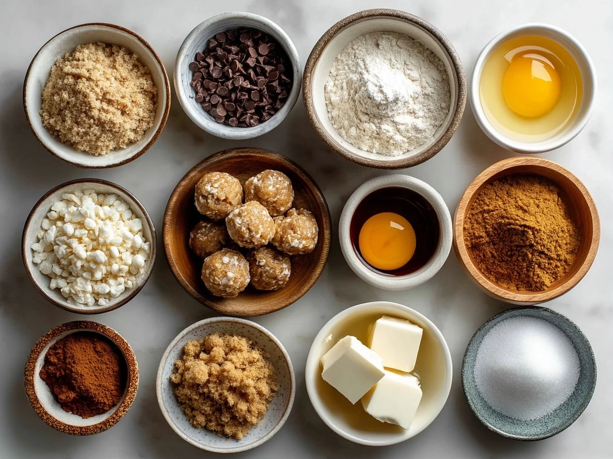Top down raw ingredients for Puppy Chow Balls on marble kitchen counter, unprocessed Chex cereal, chocolate chips, peanut butter, butter, powdered sugar, and vanilla laid out