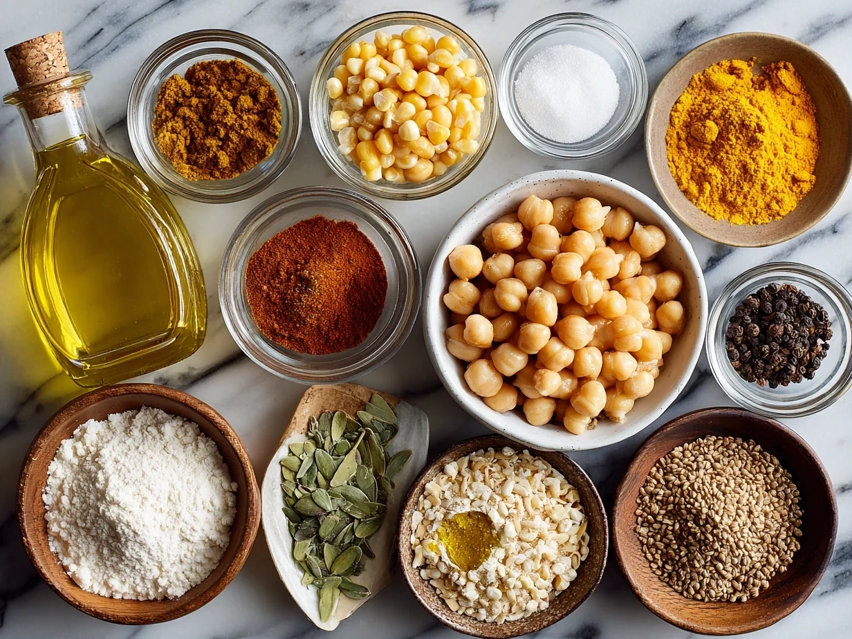 Top down view of raw ingredients for Roasted Chickpea Corn Mix: chickpeas, corn kernels, olive oil, and spices