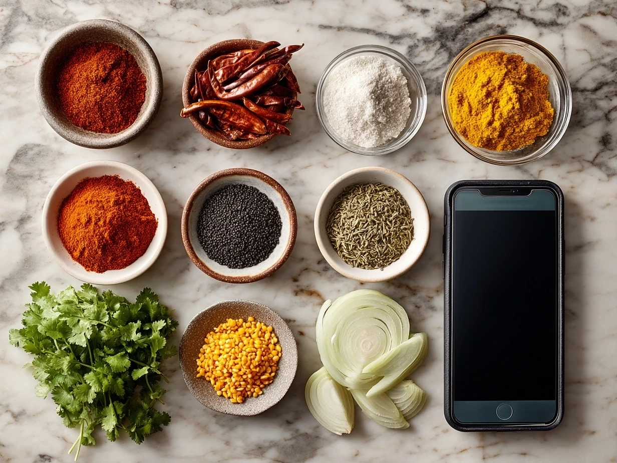 Top down view of raw ingredients for slow cooker chili, including ground beef, beans, diced tomatoes, onion, garlic, and spices