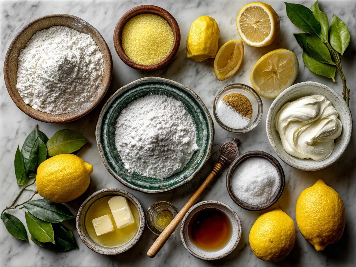 Top down view of raw ingredients for Southern Lemon Cake on marble surface