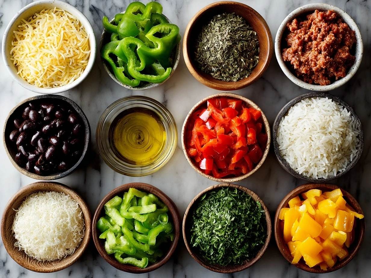 Raw ingredients for Stuffed Bell Pepper Rice Boats arranged on a table