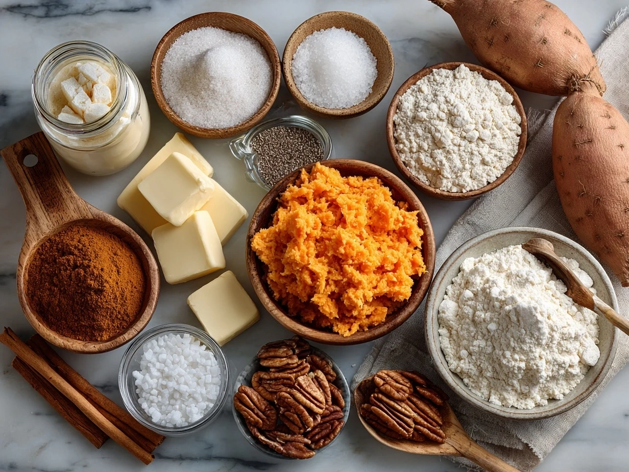 Top down raw ingredients for sweet potato casserole