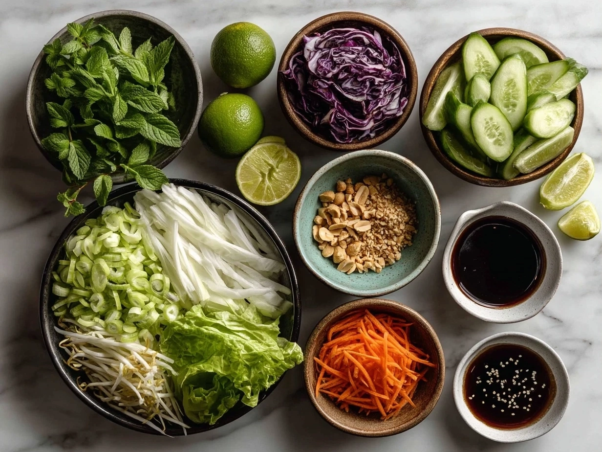 Top-down view of raw ingredients for Thai Peanut Salad laid out on marble, showing fresh vegetables and peanut dressing ingredients in a modern kitchen setting.