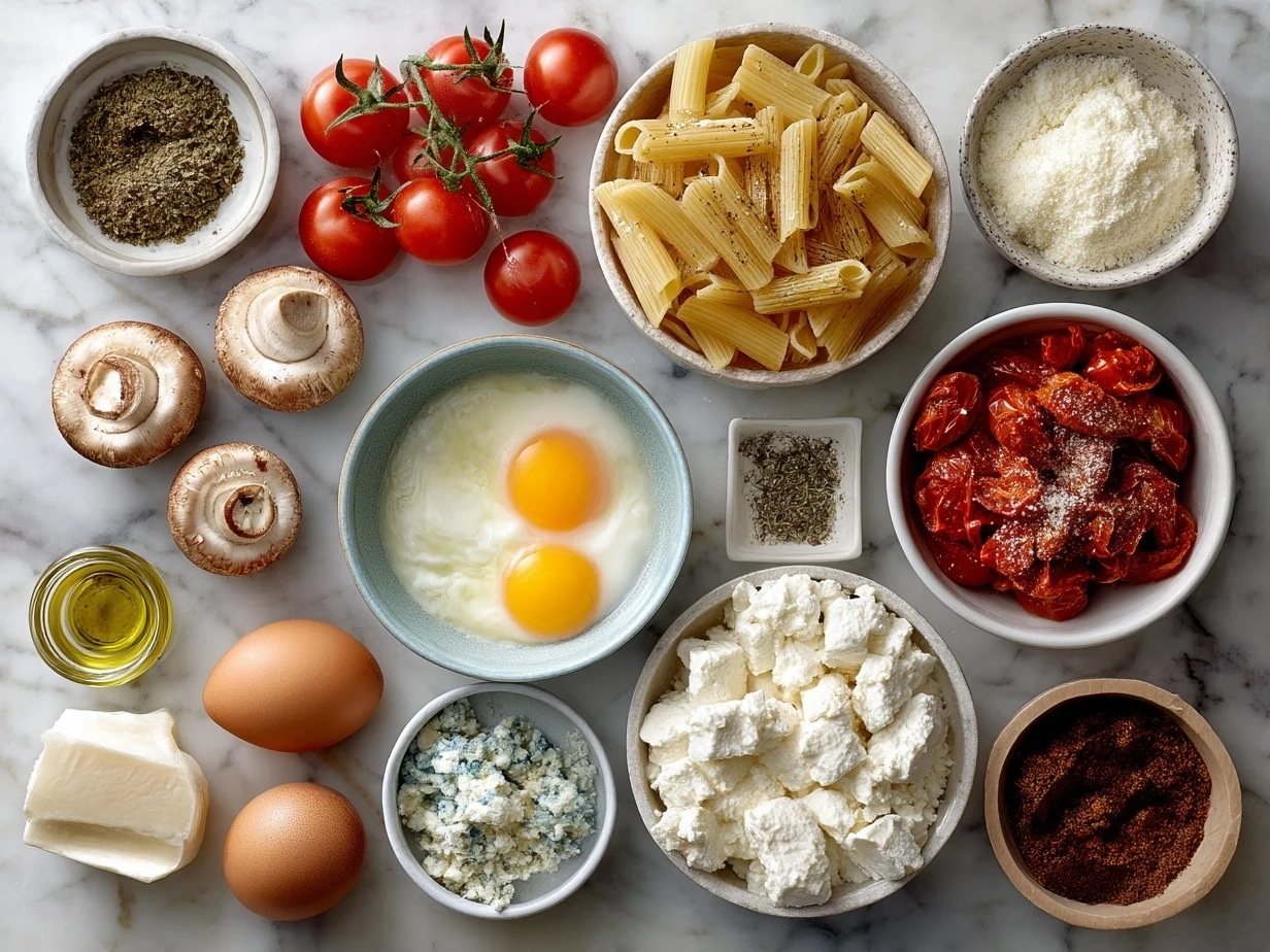Top down view of raw ingredients for Tomato Creamy Pasta on marble surface
