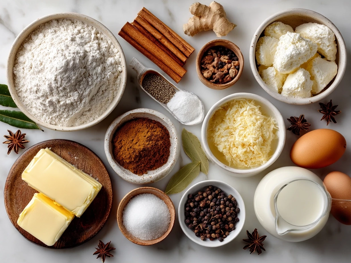 Ingredients for making homemade chai cinnamon rolls arranged on a wooden surface with spices, flour, butter, and eggs.