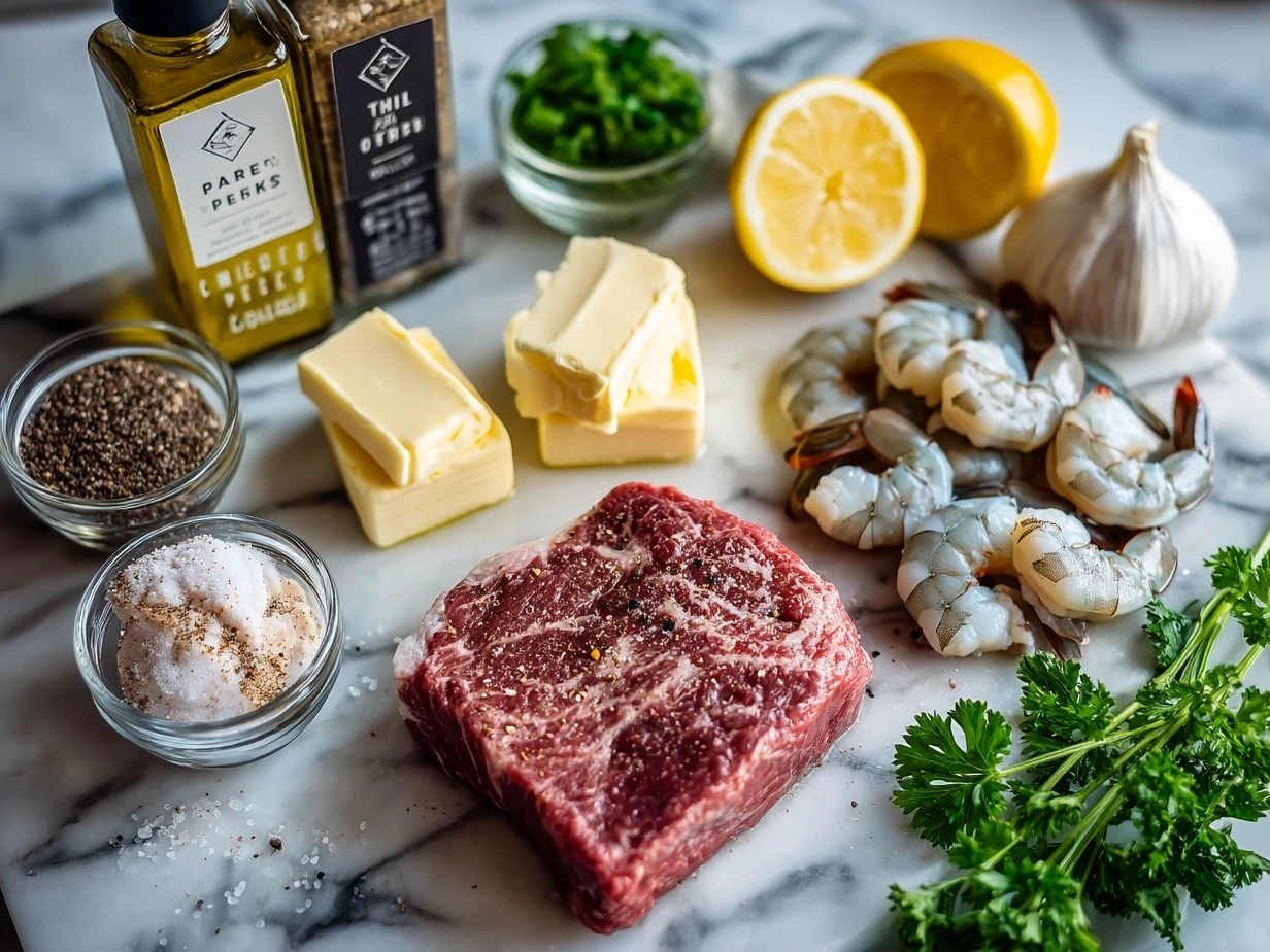 Top down view of steak and shrimp ingredients