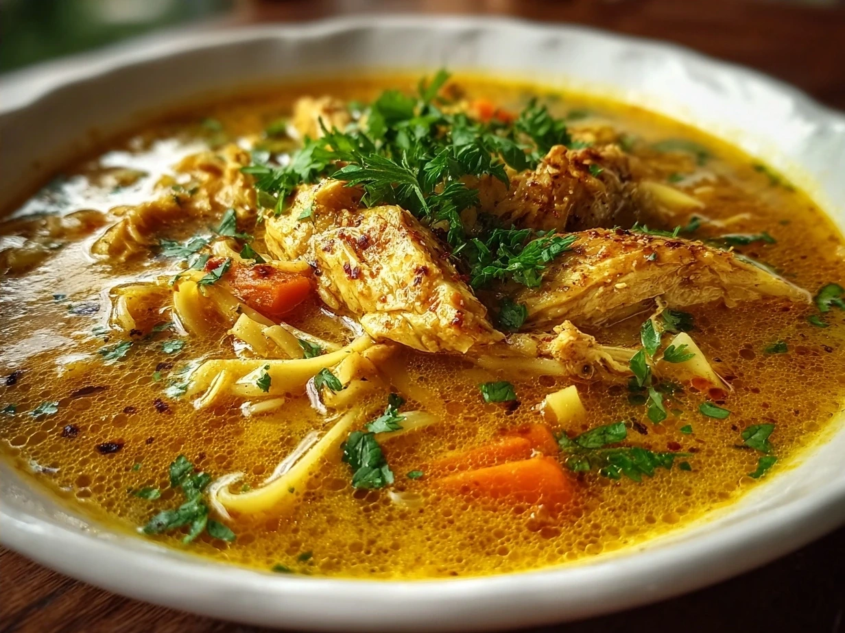 A bowl of warm Turmeric Ginger Chicken Noodle Soup garnished with fresh herbs