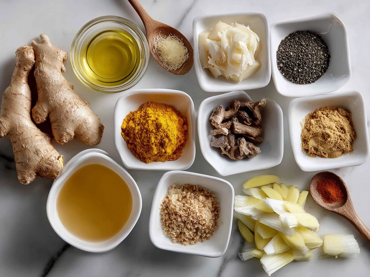 Ingredients laid out for Turmeric Ginger Chicken Noodle Soup including fresh ginger, turmeric, chicken broth, vegetables, noodles, and seasonings