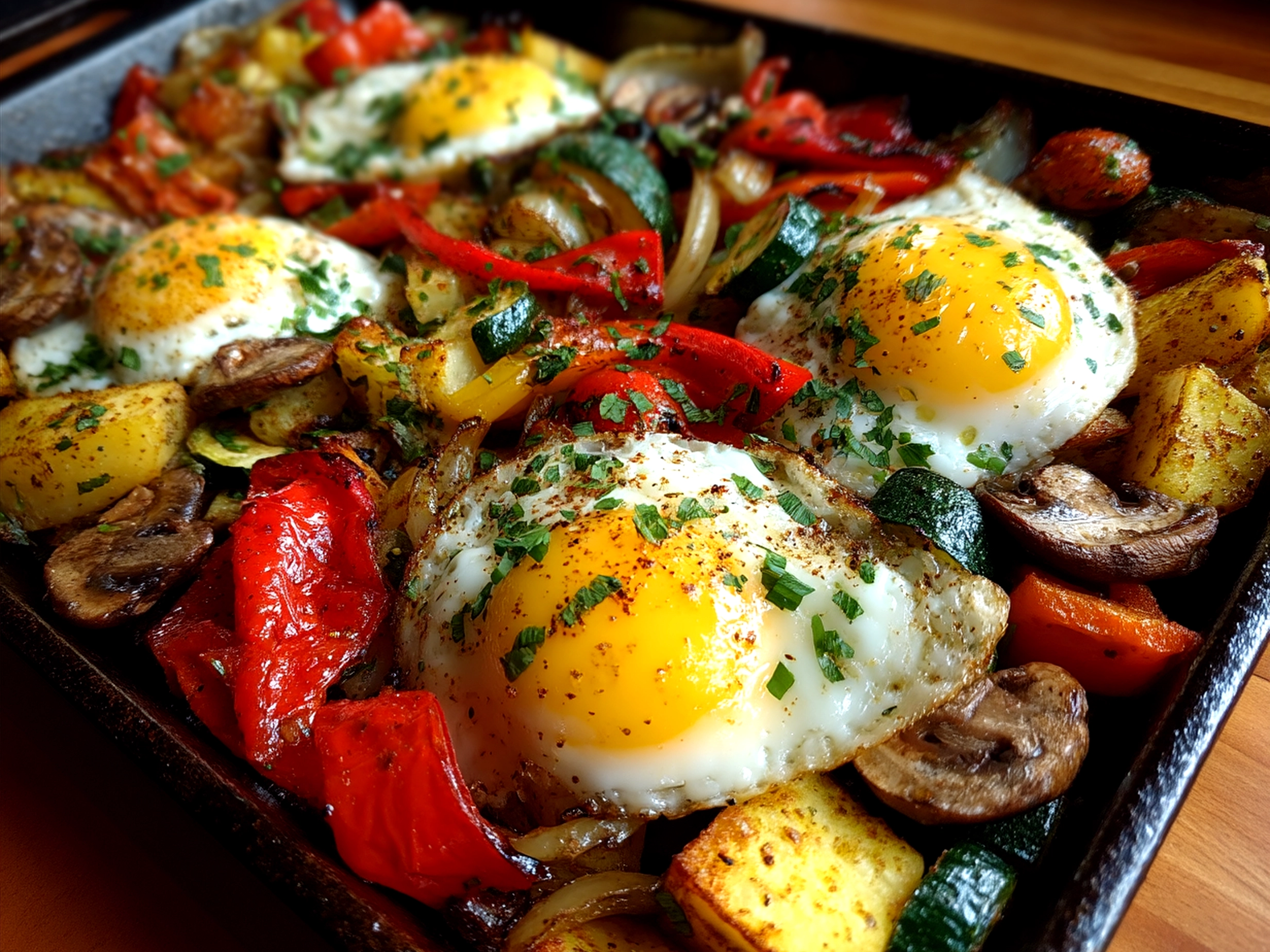 Serving suggestion of Veggie Sheet Pan Hash with fresh herbs and avocado slices