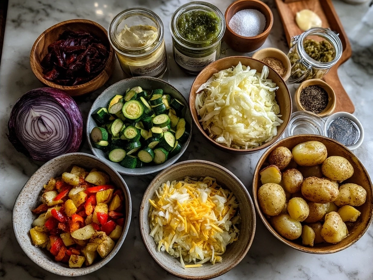 Ingredients for Veggie Sheet Pan Hash including diced potatoes, bell peppers, zucchini, cherry tomatoes, red onion, olive oil, and spices