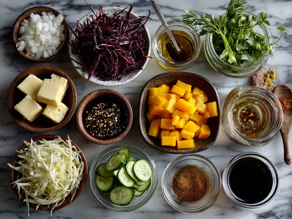 Ingredients for a fresh and colorful veggie wrap including whole wheat tortillas, hummus, shredded carrots, spinach, cucumber, bell peppers, red onion, avocado, and herbs