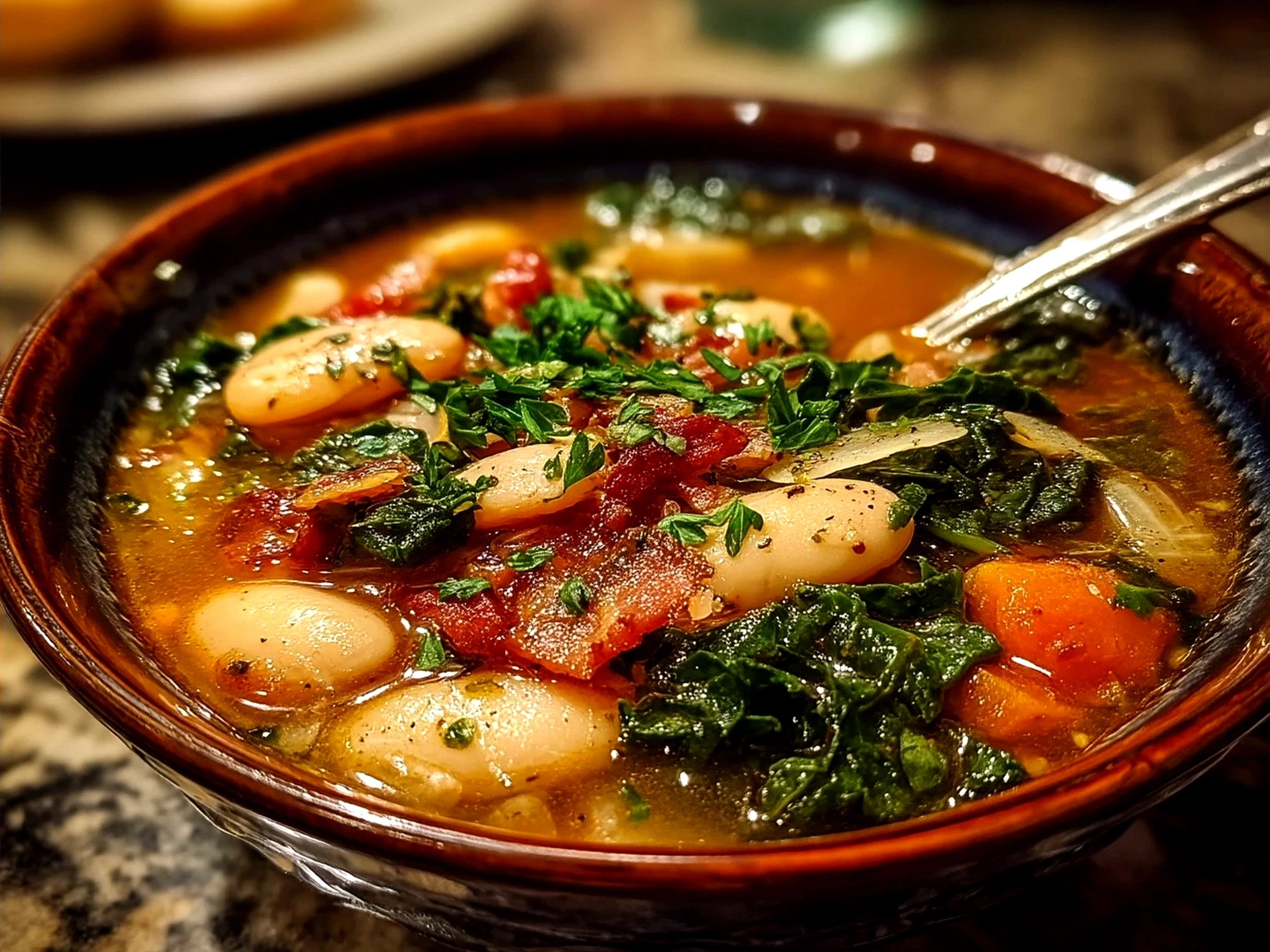 Serving bowl of White Bean Kale Soup showing creamy broth, bright kale, and beans
