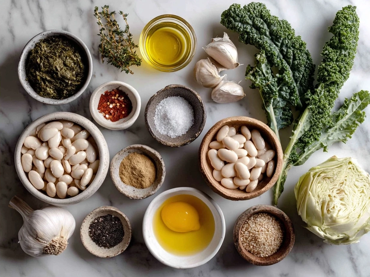 Ingredients for White Bean Kale Soup including olive oil, onion, garlic, thyme, red pepper flakes, vegetable broth, cannellini beans, and kale